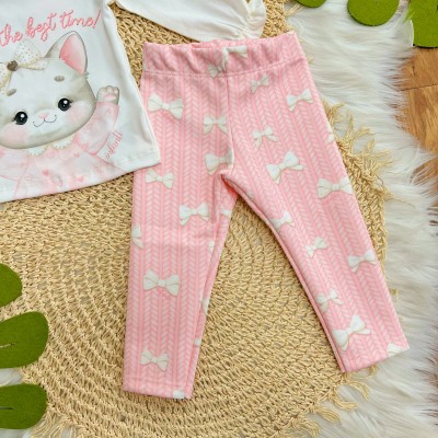 Conj. Blusa Manga Longa Gatinha Best Time e Calça Legging Corações - Off White e Rosa